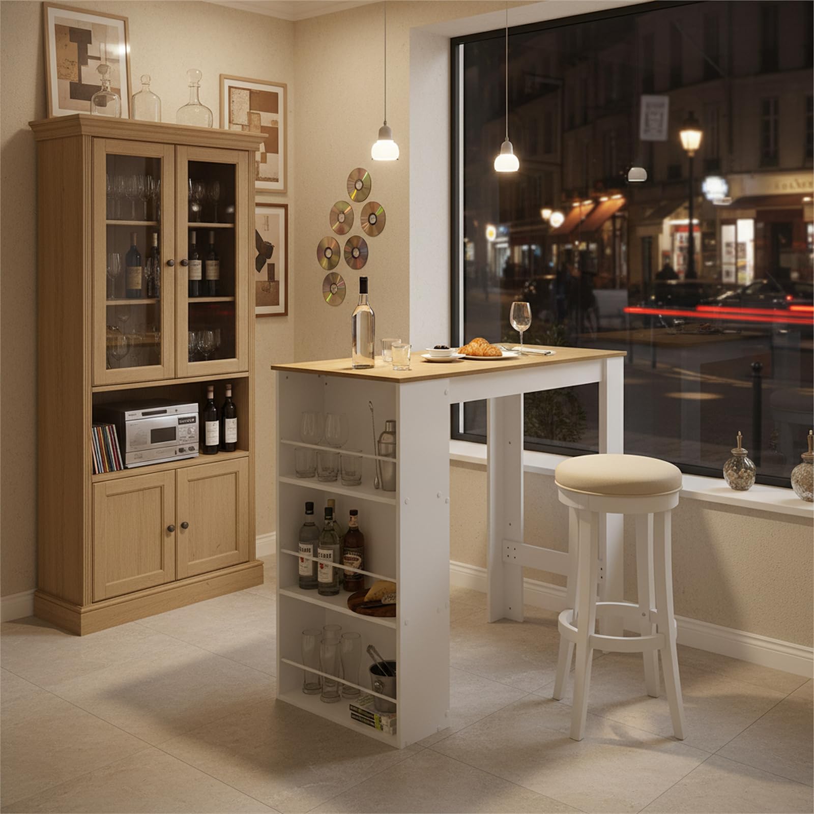 buybyroom Bartisch mit Stauraum Bartisch Küche, Stehtisch Bartheke für Bar Küche Wohnzimmer Esszimmer, 112×57×106cm, Weiß + Dunkle Eiche