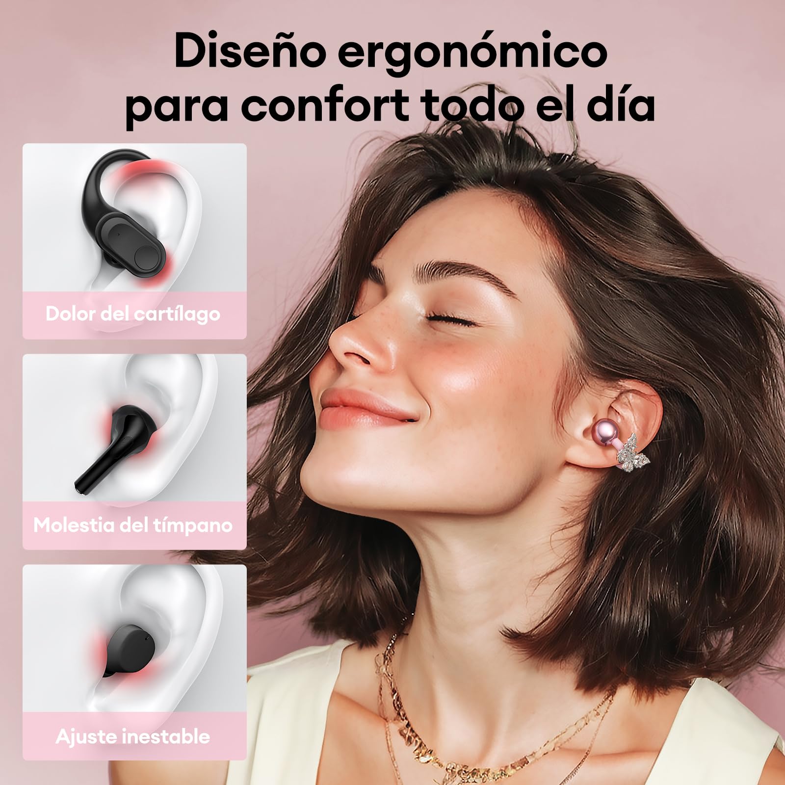 Auriculares Oreja Abierta Inalambricos Bluetooth con Pantalla LED y Decoración de Mariposa, Clip Abierto, Estilo Moderno, Sonido Envolvente, Auriculares Open Ear para Mujeres Elegantes, M100 Rosa