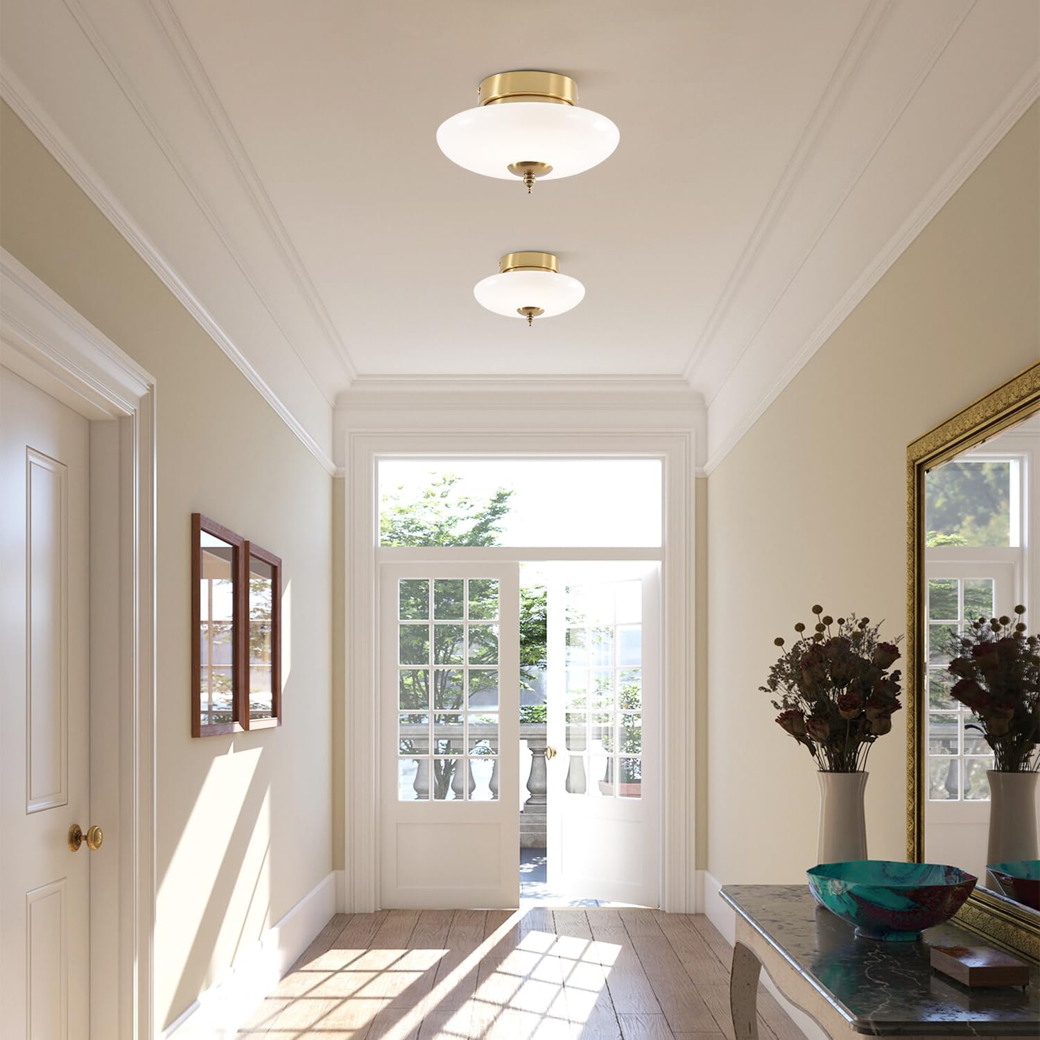 KCO Lighting Small Milk Glass Semi Flush Ceiling Light Brass White Globe Ceiling Light Gold Bathroom Ceiling Lighting Nordic Modern Hallway Ceiling Lamp for Bathroom Bedroom