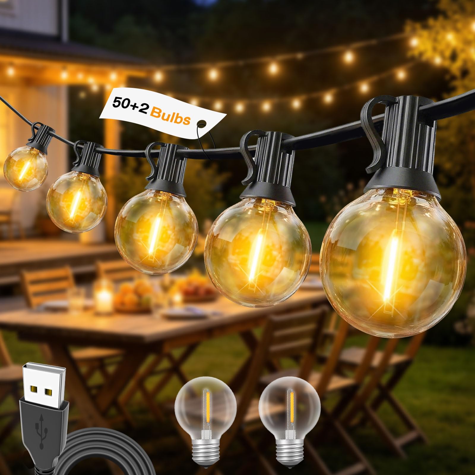 IKERY Guirlande lumineuse d'extérieur USB 30 m Blanc chaud 50 + 2 ampoules COB Globe IP65 Étanche Lumières festives pour extérieur, intérieur et extérieur, jardin, tonnelle, Noël, jardin, fête,