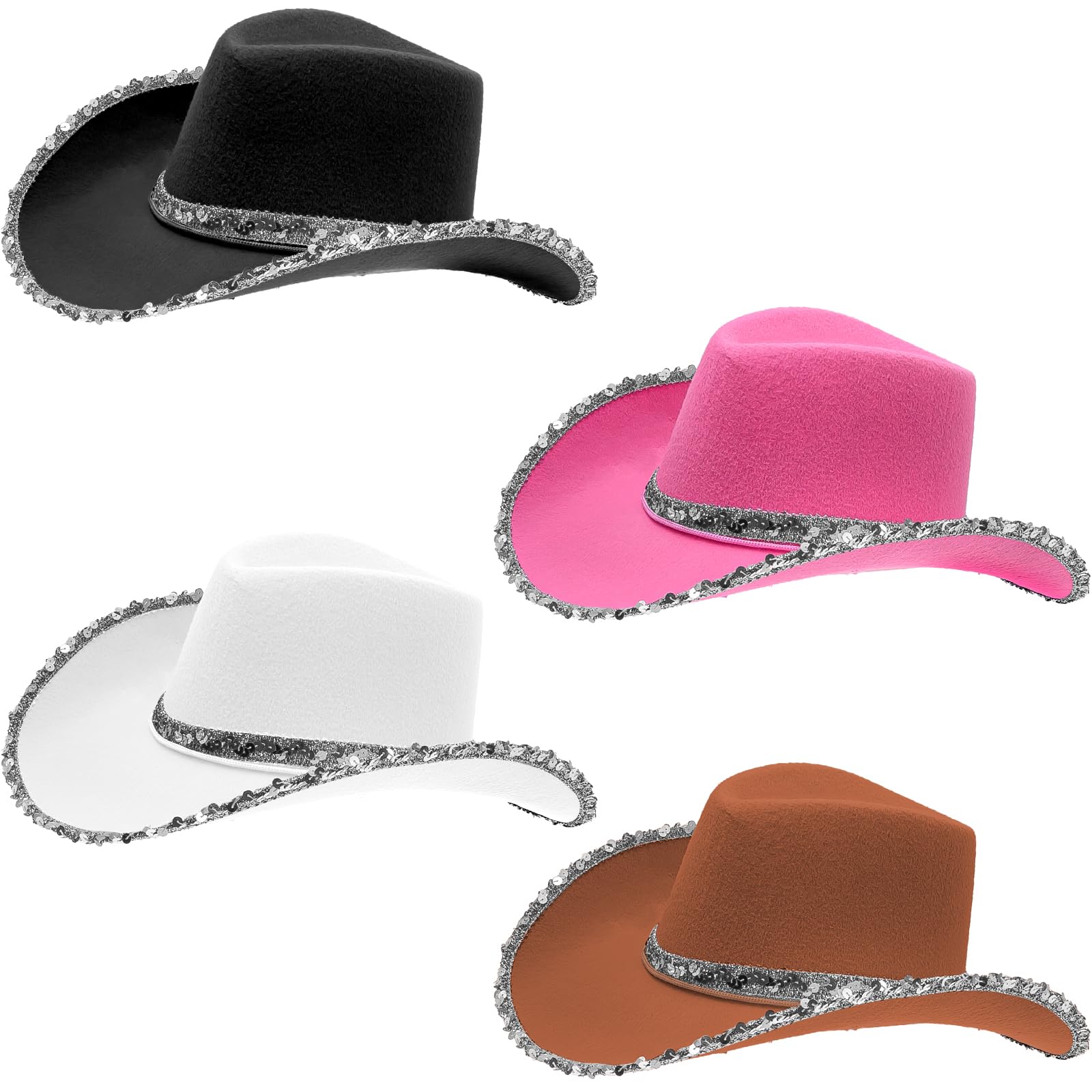 Kaxtde 4 Pack Sequin Cowboy Hats Bulk for Women, Western Cowgirl Hats for Adults, Texan Country Cow Boy Hat with Adjustable Drawstring for Hen Do, Party, Wedding, Fancy Dress, Music Festivals