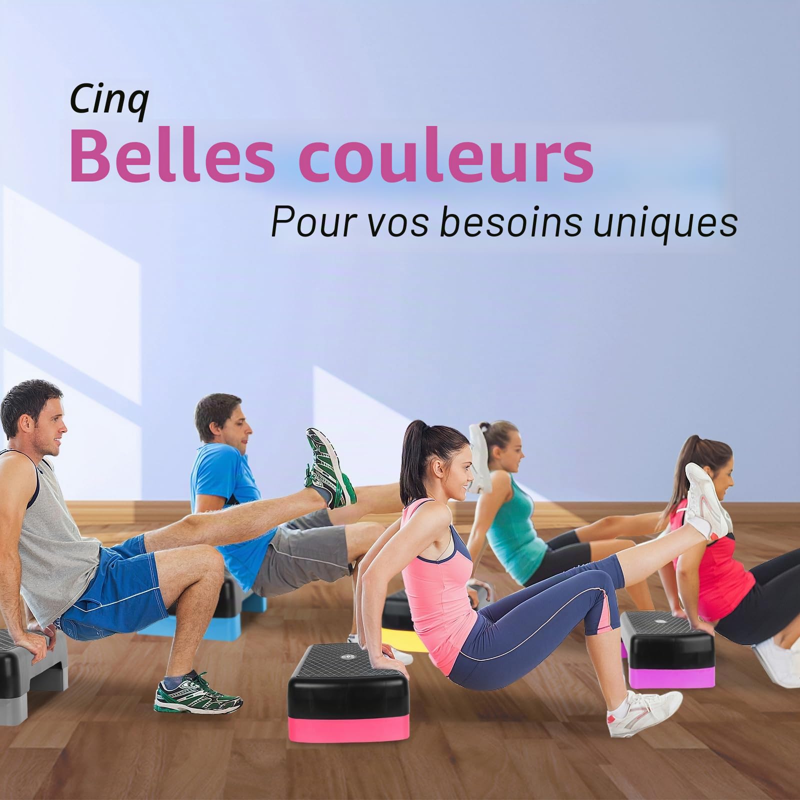 Stepper à 2 niveaux réglables en hauteur pour entraînement aérobic et fitness avec 2 rehausseurs réglables de 10 cm à 15 cm