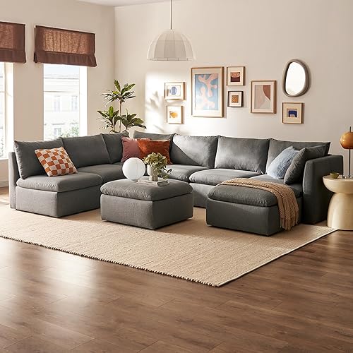 mopio Oversized Modular Sectional Sofa with Fully Removable Covers and Storage, Convertible U, L-Shaped and Sleeper Sectional, Modern Couches with Ottoman Chaise (Stone Gray Fabric, 8 Seats, U)