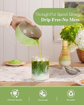 ZENS Matcha Whisk Set, Matcha Kit Set, Matcha Bowl with Spout, Bamboo Whisk & Scoop, Chasen Holder, 304 Sifter & Tea Mat, 6pcs Japaness Matcha Kit for Matcha Lovers, Birthday Gift, Pale Green