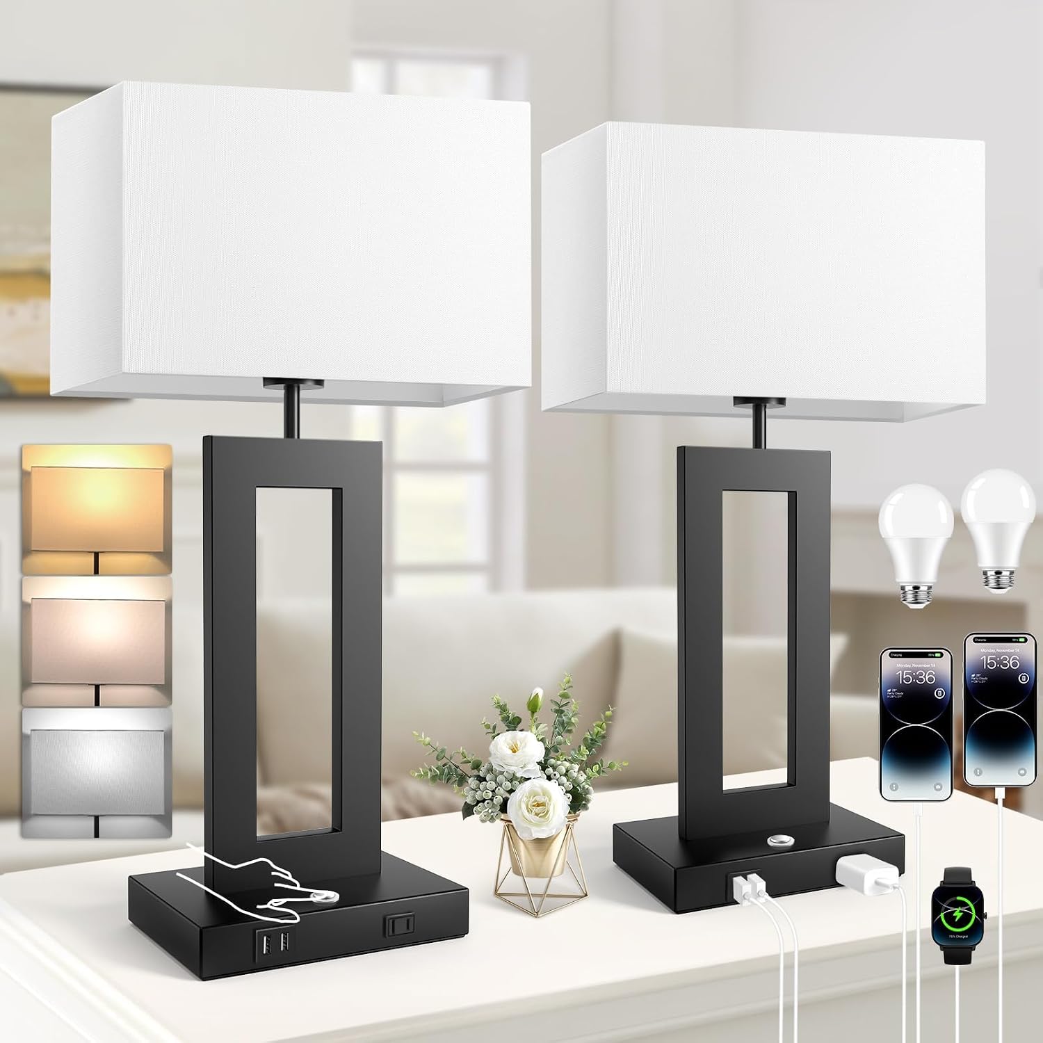 3 Color Temperatures Table Lamps for Bedrooms Set of 2, 22’’ Touch ...