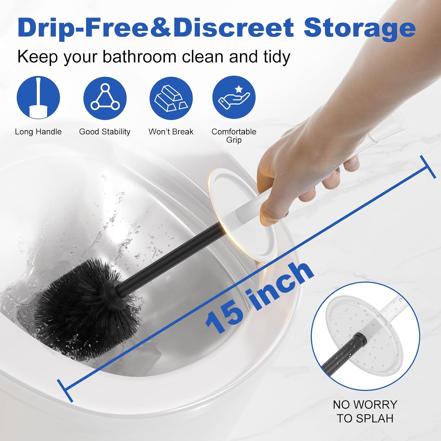 Toilet Brush and Holder Set：304 Stainless Steel Heavy Duty Toilet Bowl Brush，Removable Inner Bowl and Splash Protection，Bathroom Toilet Brush-Dense Bristles for Through Cleaning image 3