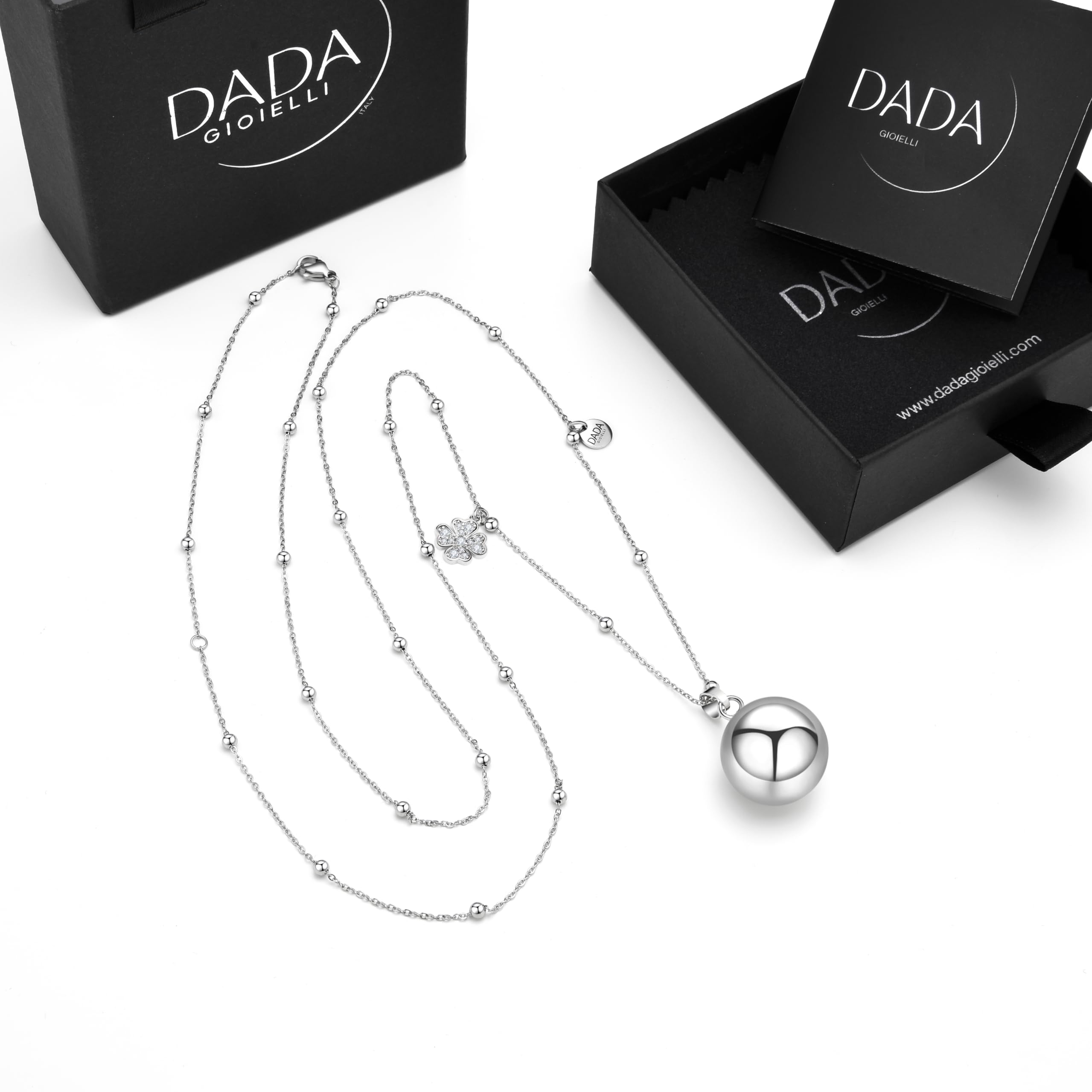 Dada Gioielli - Collana Chiama Angeli Gravidanza – Gioiello Sonoro per Mamme in Attesa - Piedino Bebè, Quadrifoglio, Cuore, Orsetto, Ciuccio, Zirconi. 110 cm Acciaio Anallergico
