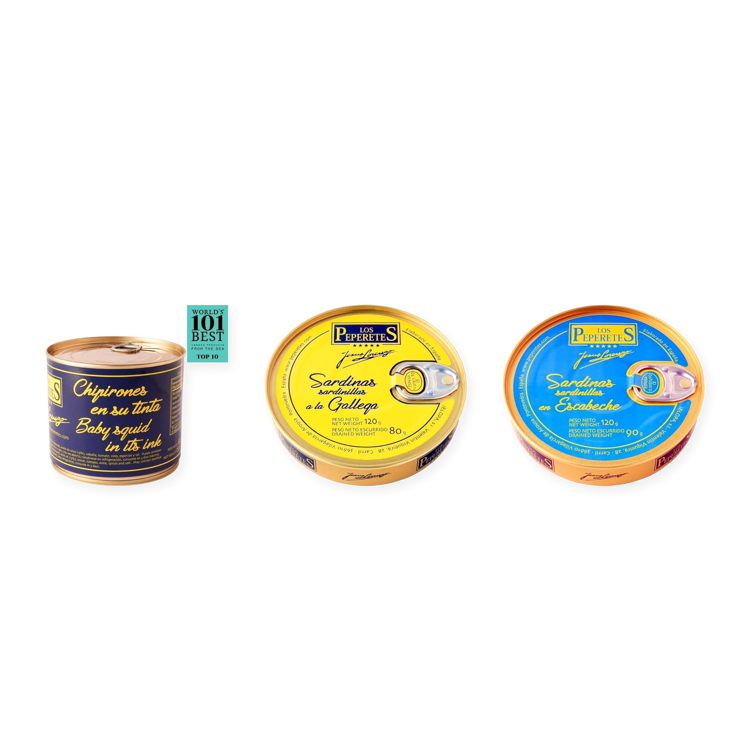 los peperetes conservas Chipirones Tinta 460g, Sardinillas Gallega y Sardinillas Escabeche pack 3 latas
