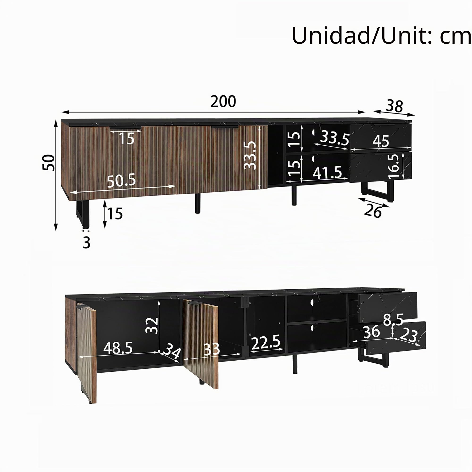 Mueble TV Salon de 200 cm con iluminación LED, 2 cajones y 2 Puertas, Aspecto de mármol Negro, Mueble Bajo Pare TV con Patas de Metal und protección de Suelo