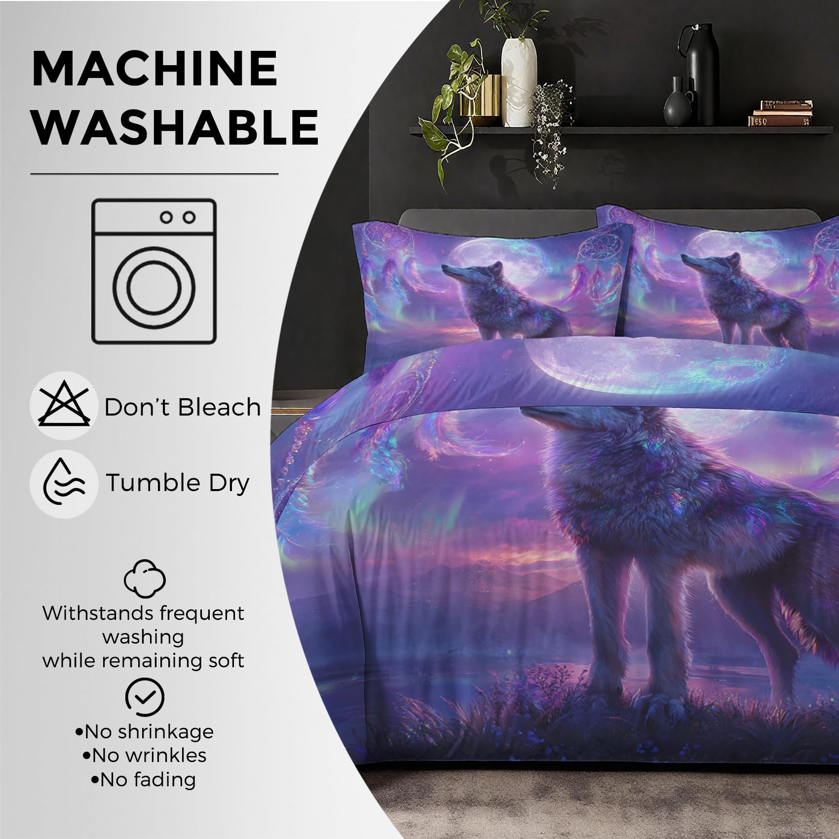 Generisch Traumfänger Wolf Bettwäsche 200x220 cm, Verträumte Dreamcatcher Bohemian Bettbezug, Bettwäsche-Sets 3 Teilig, Wendebettwäsche + 2 Kissenbezüge 80x80 Weich Mikrofaser Schlafzimmer Deko M15