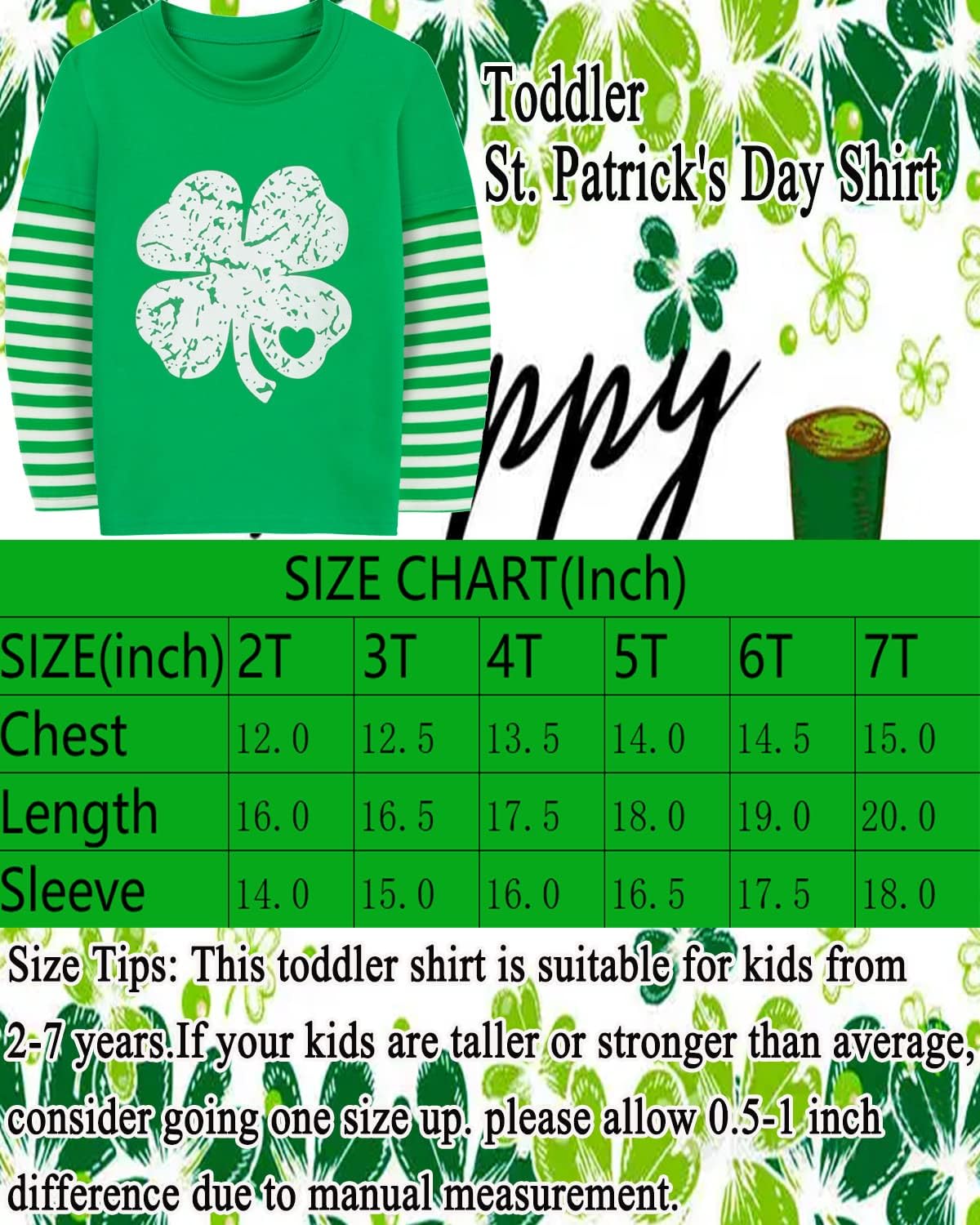 CM-Kid Toddler Boy Girl St Patricks Day Shirts Clover Shamrock Stripe Sleeve Irish Tshirt for Kids Green Tee Tops 2-7 Years - Image 7