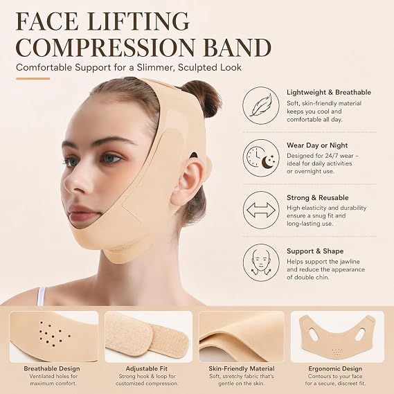 V Line Face Mask Reusable,Double Chin Reducer Lifting Strap,Breathable V Shape Slimming Bandage for Jawline and Sagging Skin,Facial Lifting Belt for Women and Men Anti-Ageing,Fu