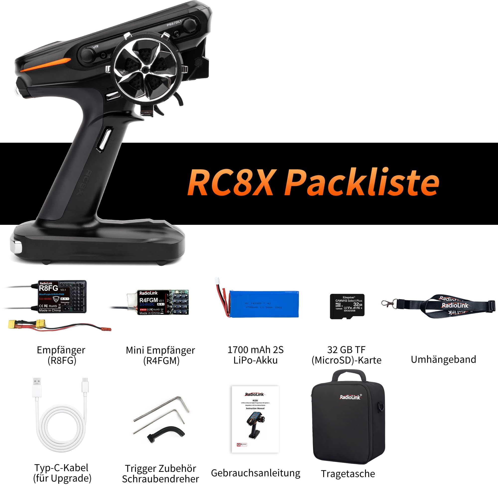 Radiolink RC8X Smart RC Fernsteuerung 8 Kanäle mit wasserdichtem Gyro-Empfänger R8FG 4,3" Bildschirm 200 Modellspeicher RC Fernbedienung Sender für Crawler Bagger Panzer Boot
