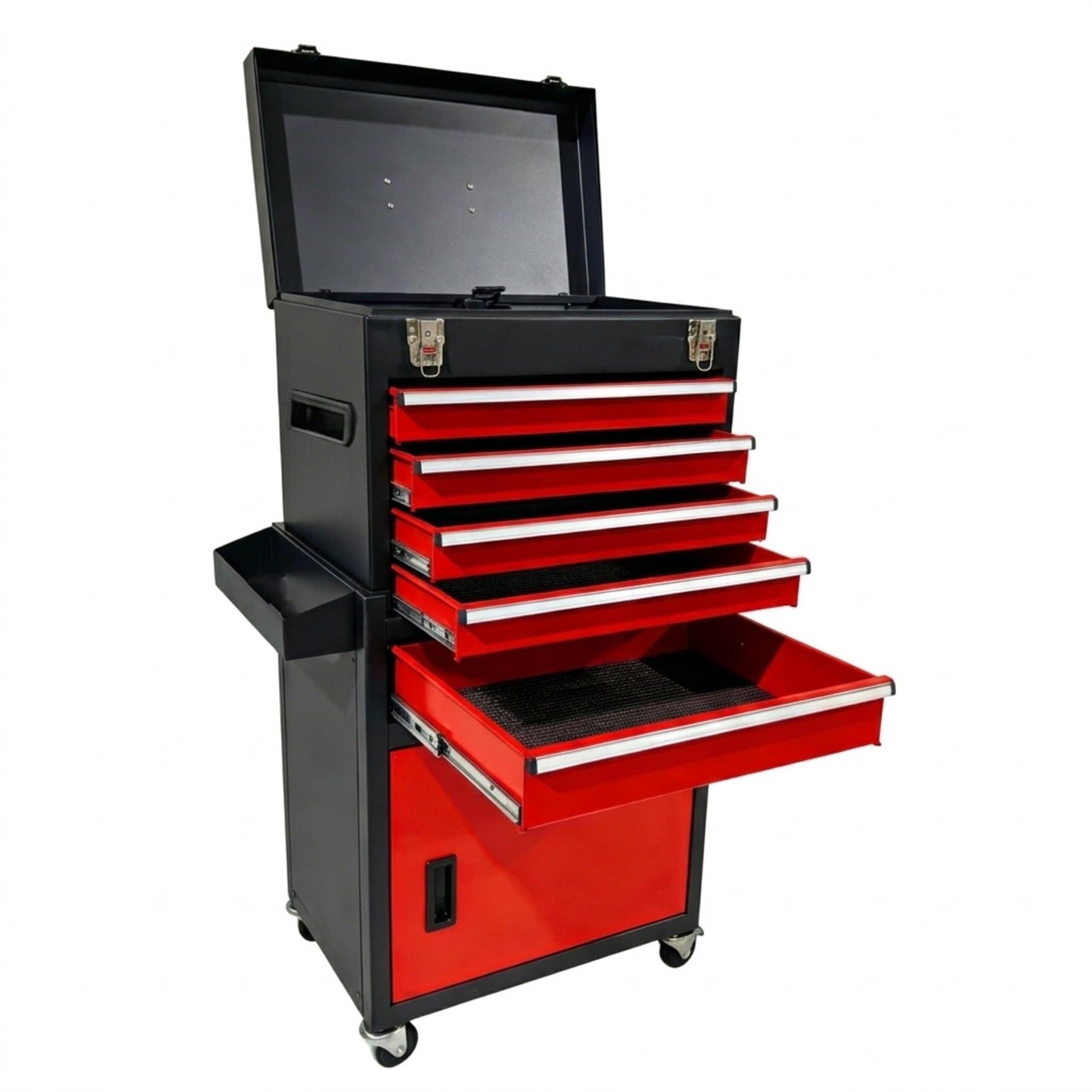 Relaxdays Chariot d'atelier, Noir-Rouge | 5 tiroirs + coffret amovible verrouillable, 104×59,5×28 cm, roulettes, acier