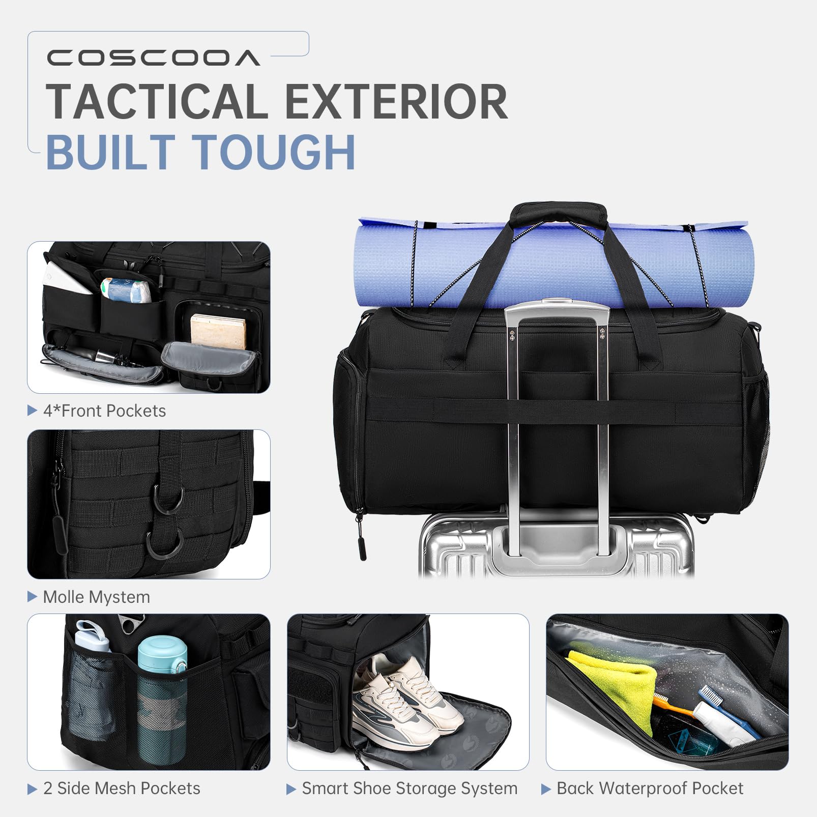 Turnbeutel für Herren mit Schuhfach, 50 l/60 l, taktische Reisetasche, 3-in-1-Handgepäcktasche, Reiserucksack, Wochenender, Übernachtungstasche für Workout, Fußball, Schwarz, Schwarz, 60L