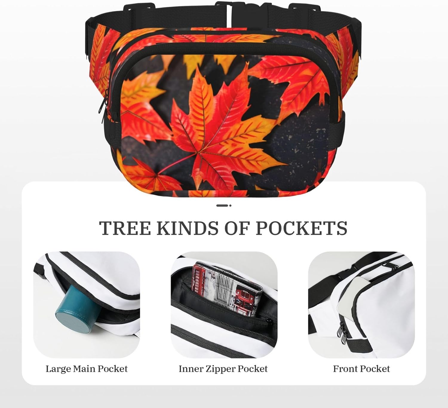 Fall Red Leaves print Large Fanny Packs for Women Cute Cross Body Waist Bag Fashionable Fanny Pack