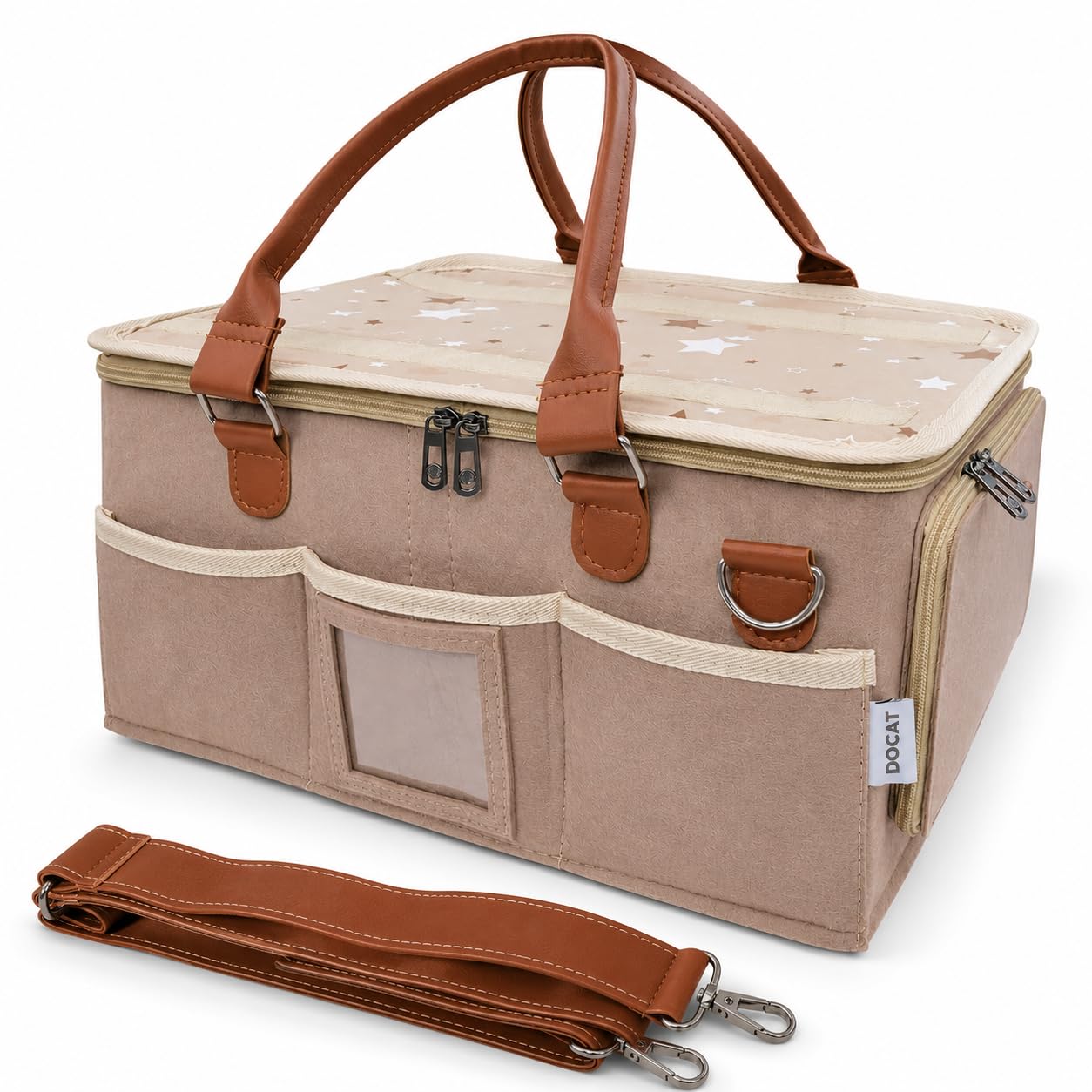 DOCAT Baby Diaper Bag, Cute Felt Diaper Caddy Organizer with Removable Shoulder Strap, Baby Basket Essentials for All Newborn Baby Products Nursery Basket (Beige)-image-5