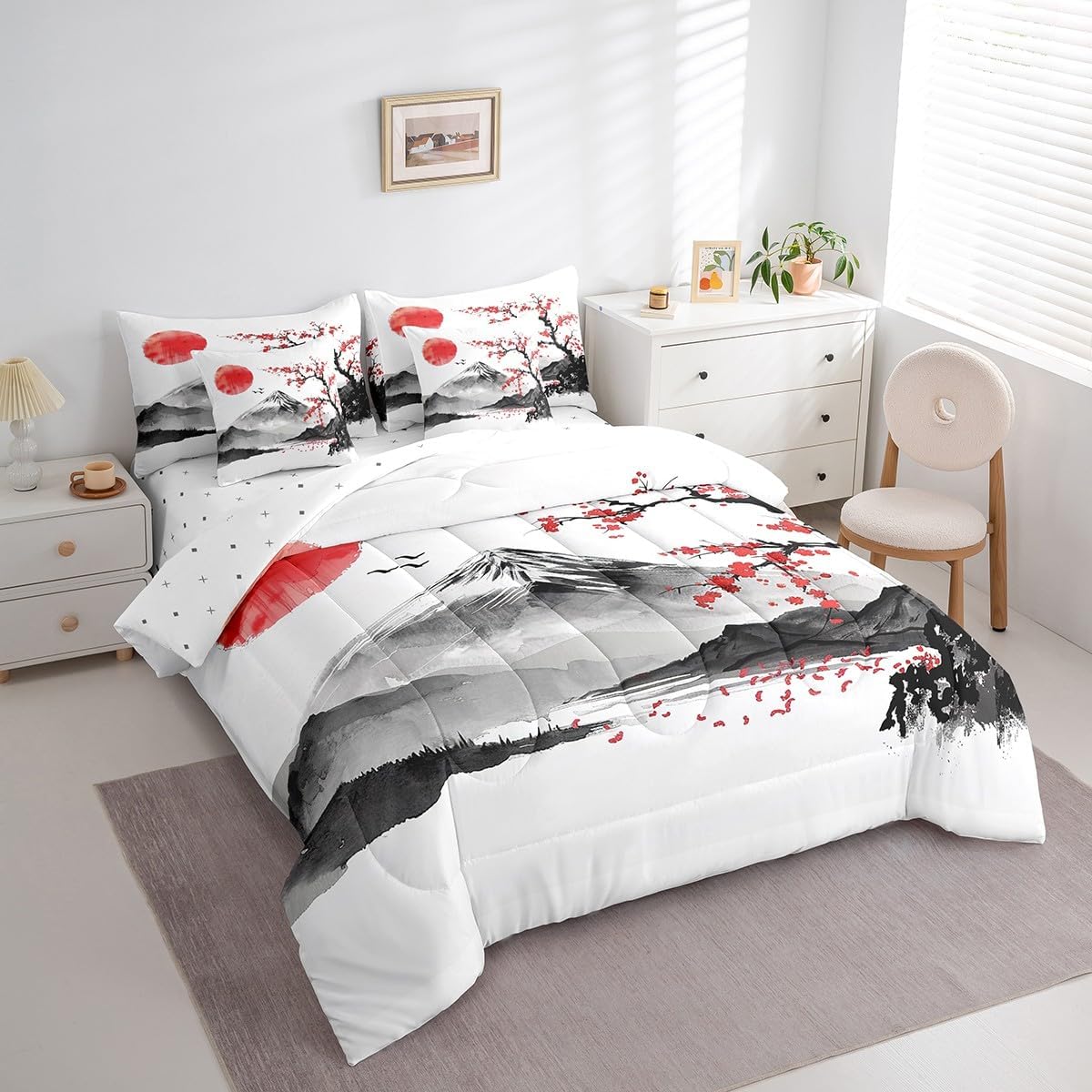 Feelyou Japanese Comforter Set Queen Size 7 Pieces, Boys Girls Japan Fuji Mountain Bedding Set for All Season, Women Men Exotic Style Bed in a Bag with Comforter, Sheets, Pillowcases & Cushion Cover