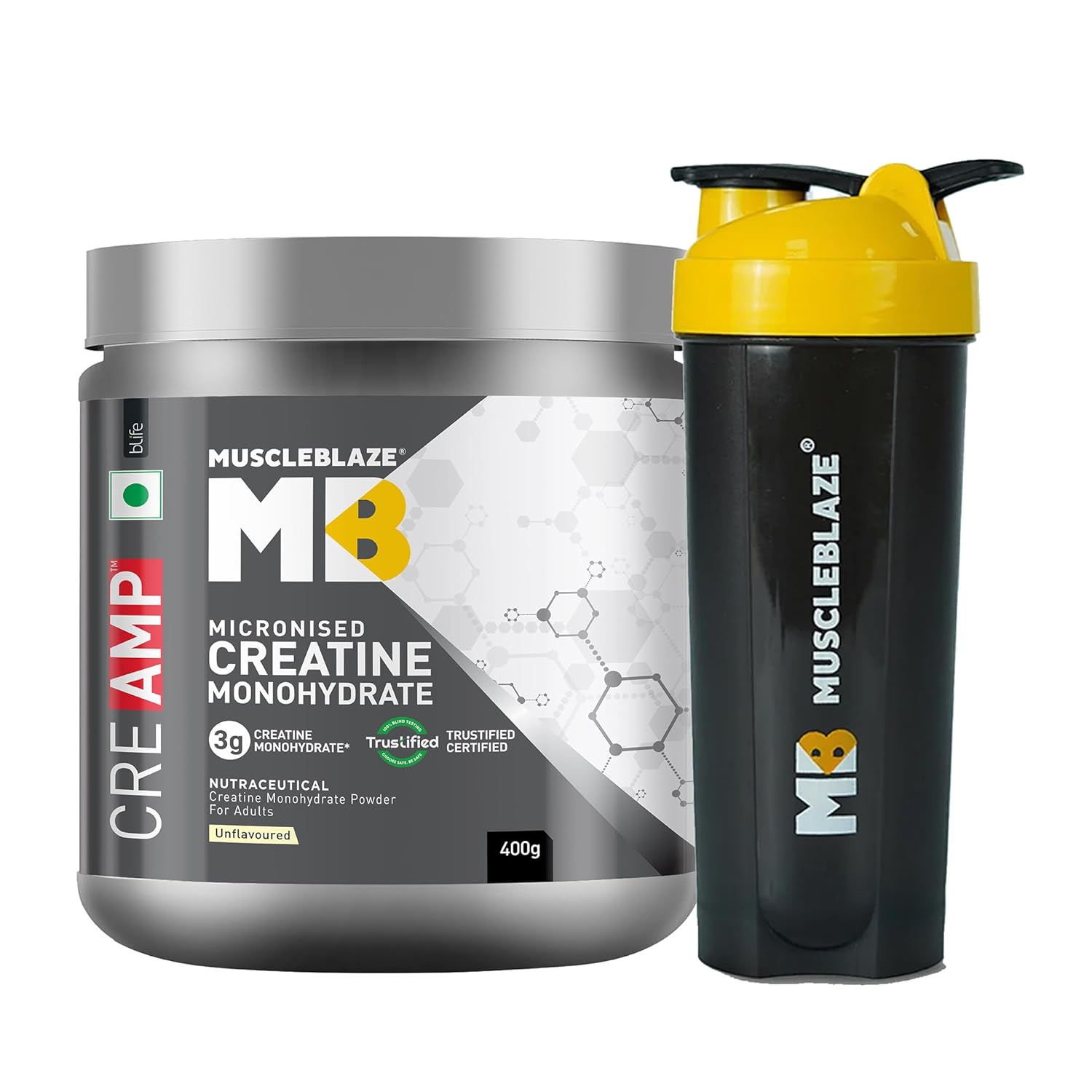 MuscleBlaze Creatine Monohydrate CreAMP™ with CreAbsorb™, Trustified Certified (400 g, Unflavoured, 129 Servings) with Shaker, 650ml (Combo Pack)