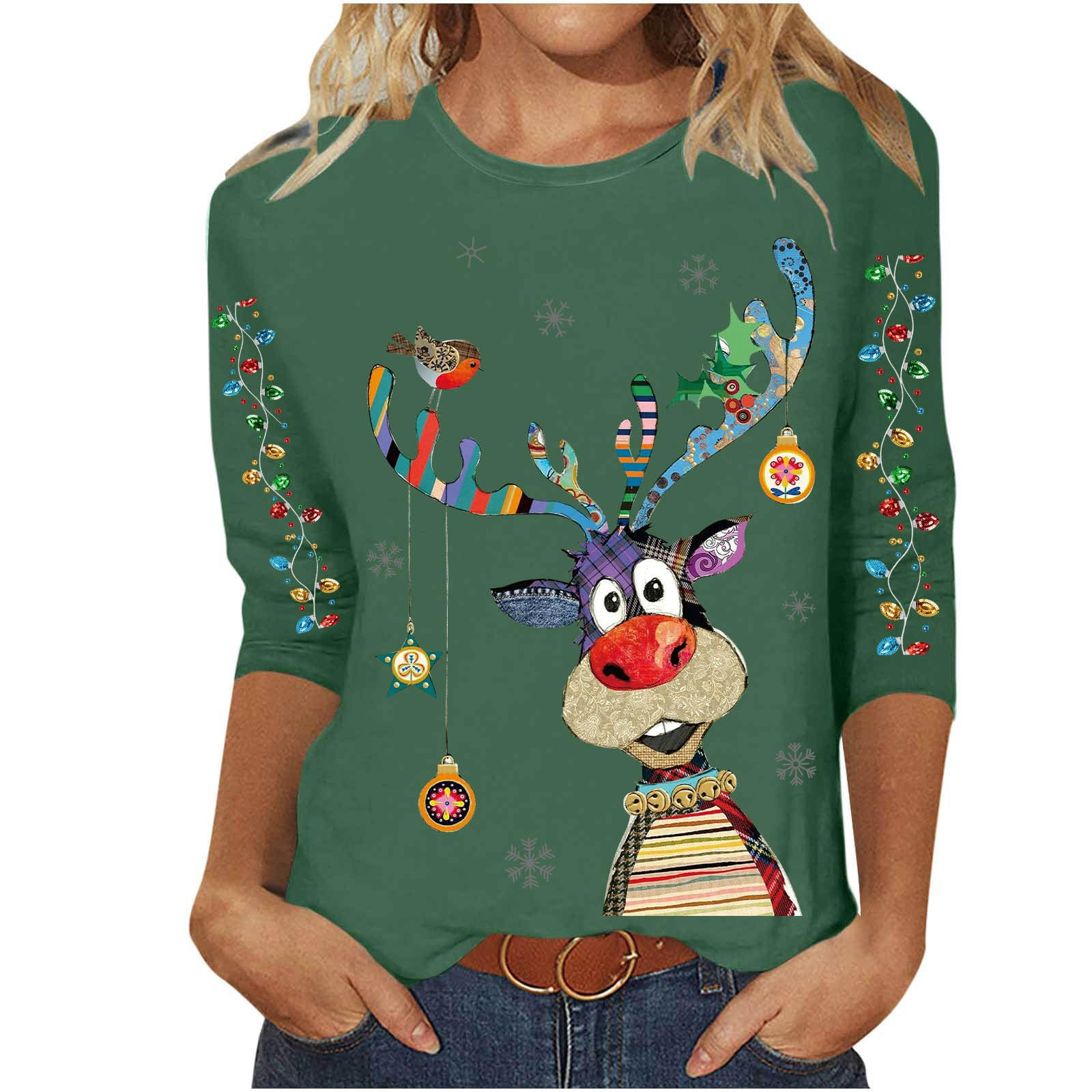 Weihnachtsshirt Damen Lustig Hässliches Weihnachtsoberteil Festlich Winter | Rentiermotiv, 3/4-Arm, Festlich, Lustig, Weihnachtlich, Weihnachtsoberteil Damen, Winterlich, Freizeit, Bequem, Lässig