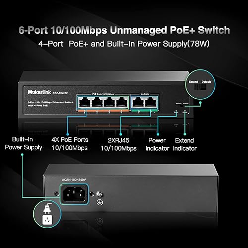 Miniatura 2 de MokerLink Switch PoE de 6 puertos con 4 puertos PoE+, 2 Fast Ethernet Uplink, 10100Mbps, 78W de alta potencia, compatible con IEEE802.3afat,