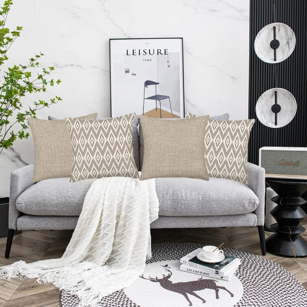 Fukeen Home Geometric Set of 4 Throw Pillow Covers Modern Accent Decorative 20x20 Inch Brown White Geometrical Abstract Pattern Pillow Cases Cushion Cover for Living Room Sofa Couch Decor