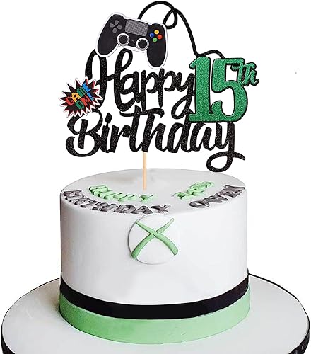 Miniatura 1 de 1 pieza de decoración de pastel de feliz cumpleaños 15 con purpurina para videojuegos, juego de selección de pasteles en controladores, decoración