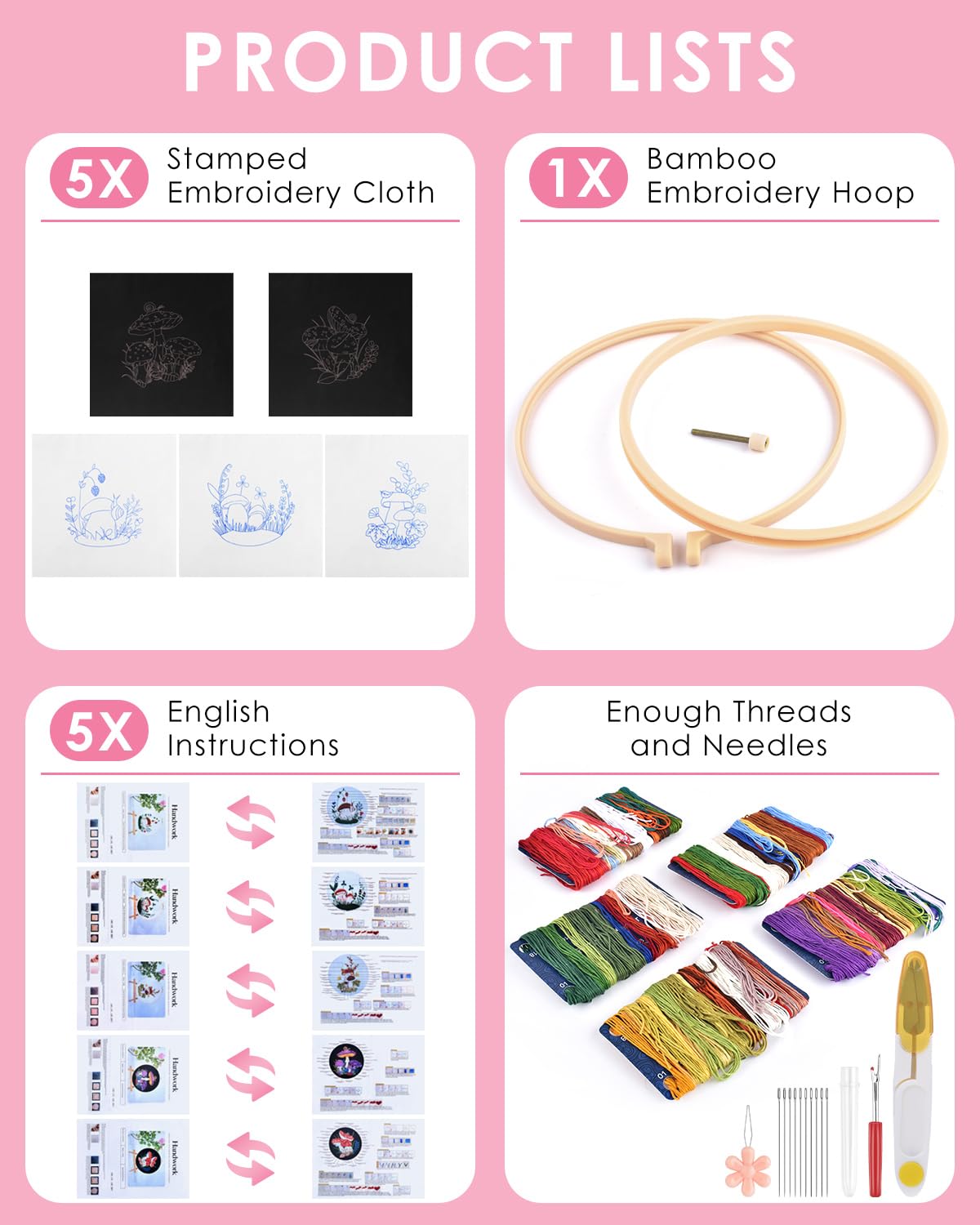 TINDTOP 5 Kit Da Ricamo Per Principianti Adulti, Motivi Floreali, Con Telaio, Fili, Aghi E Forbici