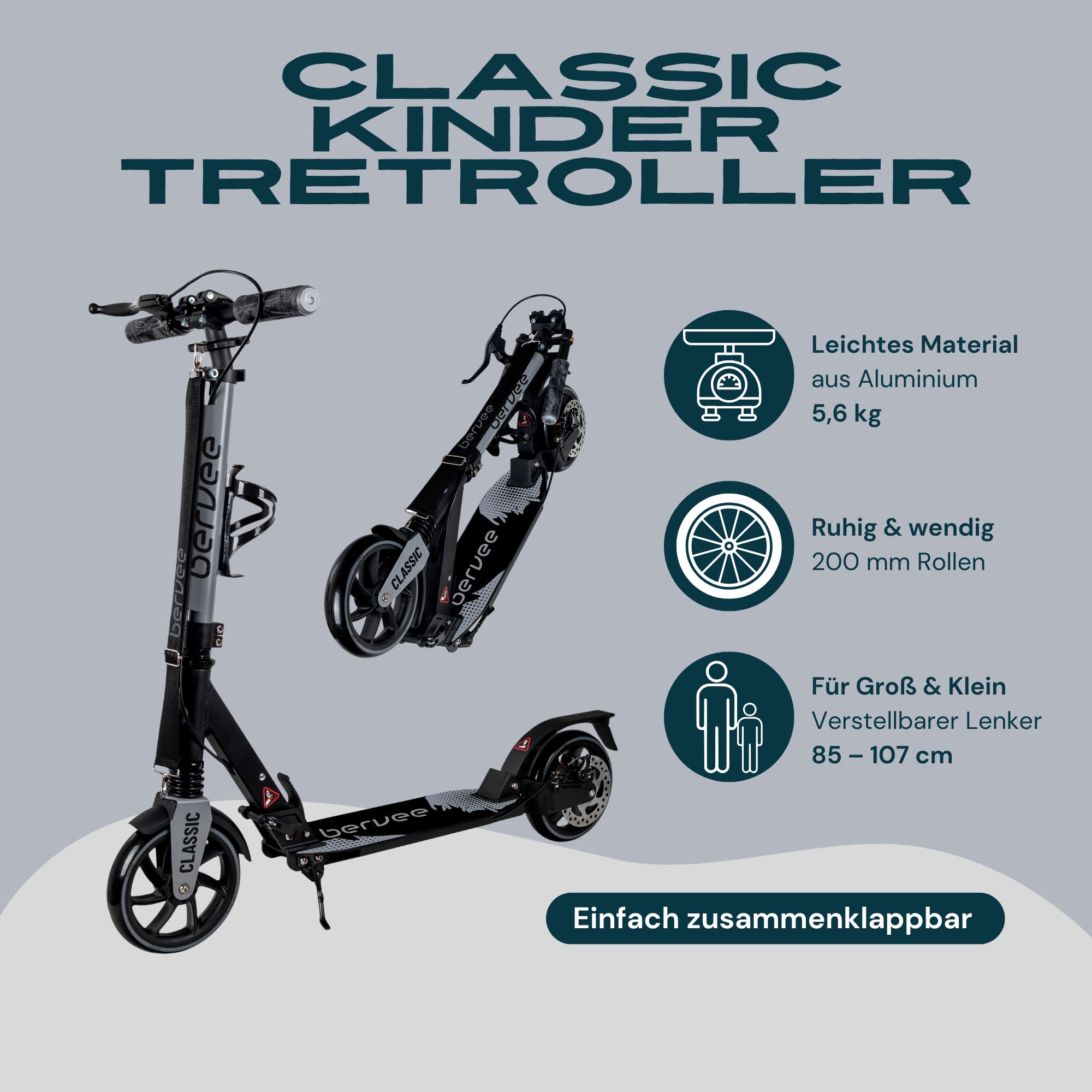 Bergen City Scooter Tretroller Classic klappbar - 200 mm Räder, Scheiben- & Fußbremse, 2× Federung, Aluminium Scooter höhenverstellbar, für Kinder ab 6 Jahre & Erwachsene bis 100 kg