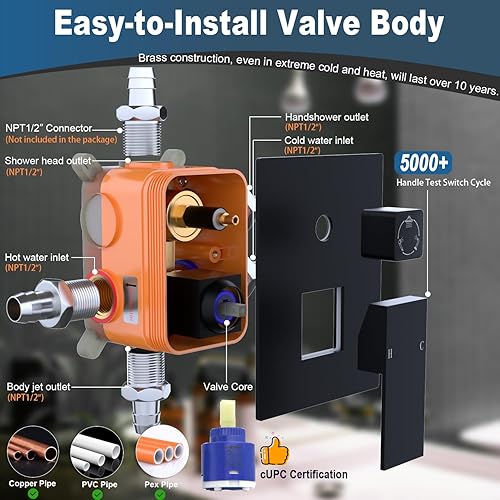 Miniatura 96 de Enga Sistema de ducha de lluvia de oro cepillado con chorros corporales, sistema de chorros de ducha de lluvia de 12 pulgadas, juego de grifo de Oro