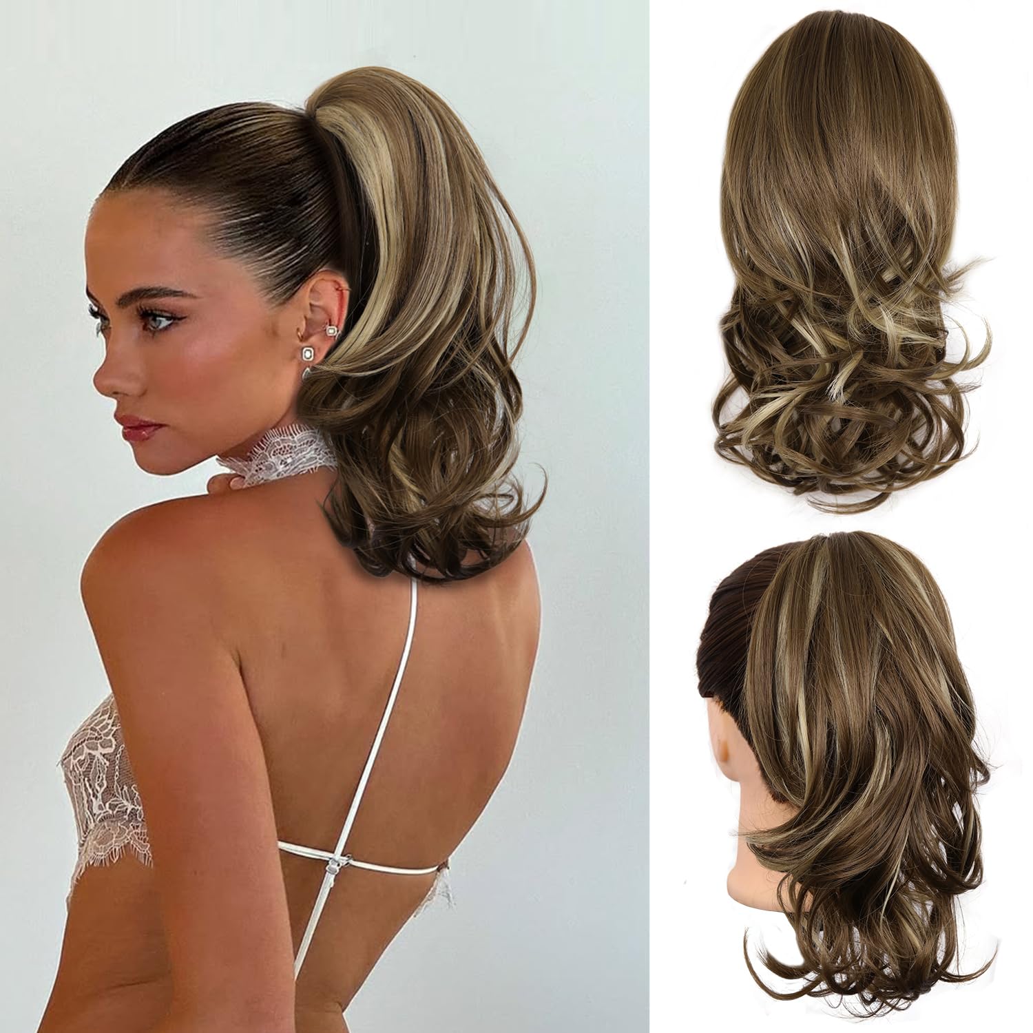 Photo 1 of Clip on Ponytails for Women - 14 Inch Curly Ponytail Extension, Wavy Pony Tails Hair Extensions, Synthetic Hair Extensions Ponytail, Clip in Ponytail (Color: Ash Brown with Beige Blonde Highlights)