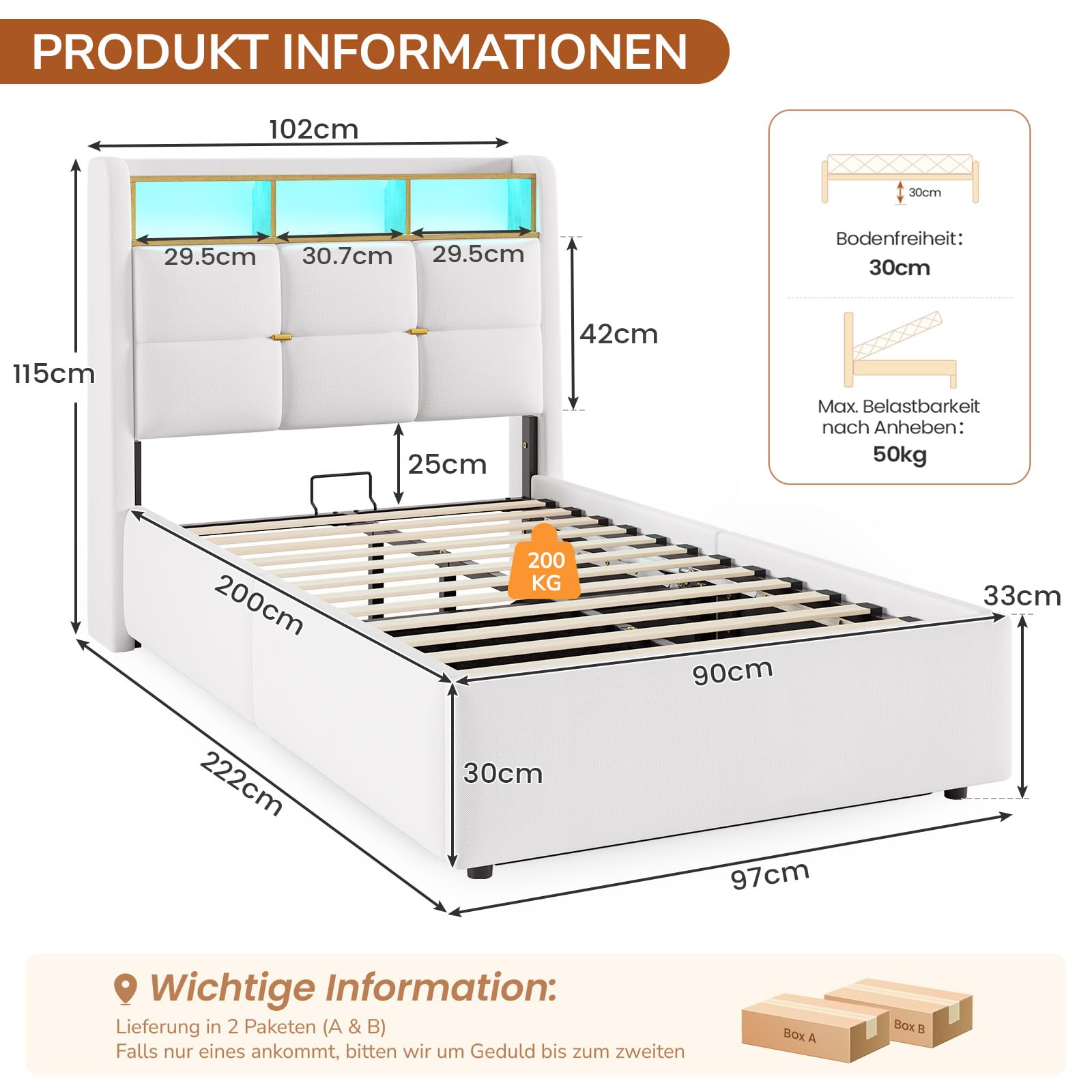 DICTAC Letto per ragazzi 90 x 200 cm, con illuminazione a LED e ciabatta, 90 x 200 cm, con vano testiera, telaio in lino, per adulti, 90 x 200 cm, con rete a doghe, porte USB e vano testiera, colore