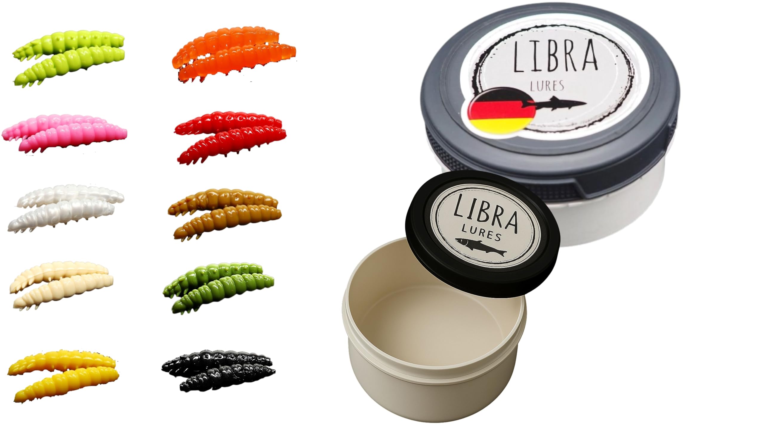 Libra Lures Larva 30mm Starter-Set – 20x Forellenköder Softbaits in 10 Farben mit Käse-Aroma – Gummiköder Set + dichte Dose – Ideal zum Forellenangeln