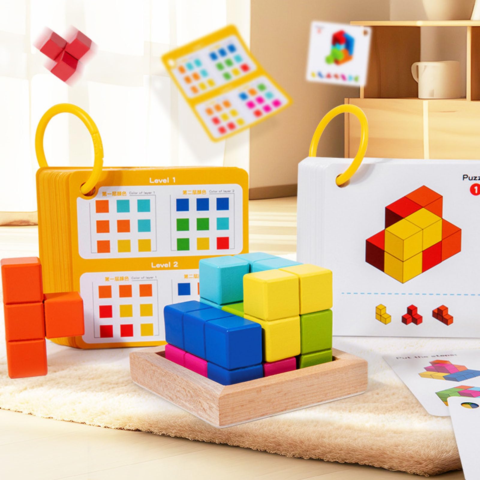Bloques de Rompecabezas de Cubo de Madera, Juego de construcción de Bloques de Colores 3D