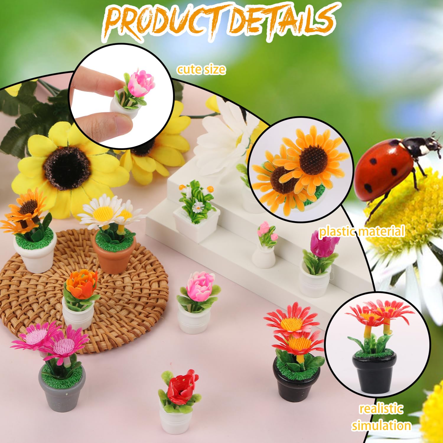 11pcs Mini Flowers Vase Bouquet Potted Plants Tiny Fairy Garden Dollhouse Floral Accessories Kits for DIY Crafts Miniature Flowers Figurines Fake Plant Pots Car Cake Terrarium Landscape Desktop Orname - Image 3