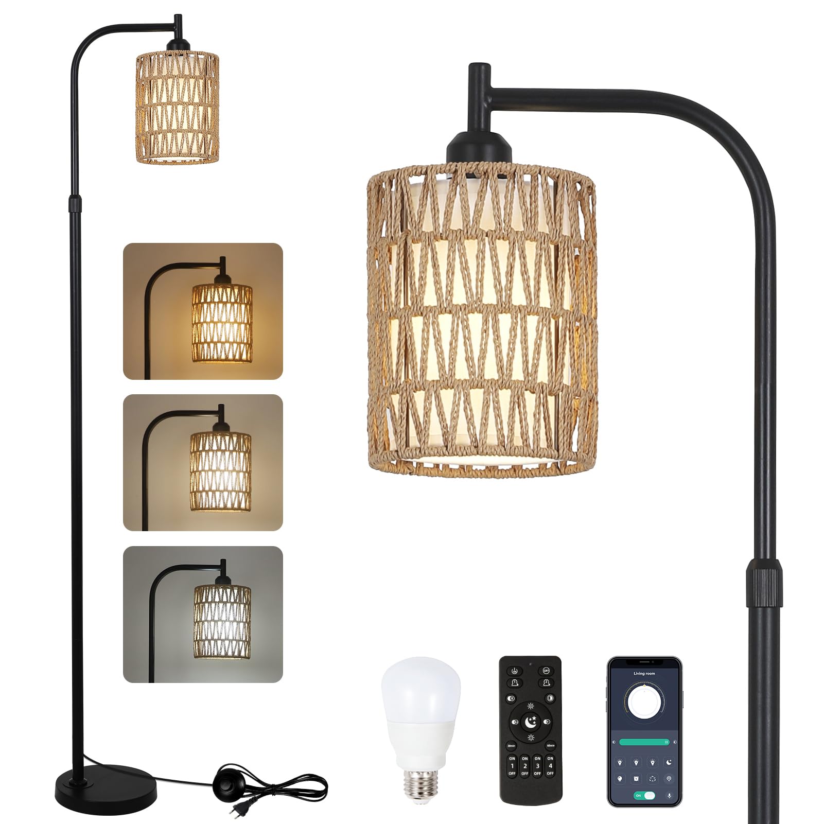 Rayofly Lámpara de Pie Ajustable Salón, Lámpara de Pie de Ratán con Mando a Distancia, App Control, Lámpara de Pie Boho con Pantalla de Ratán y Lino, Lámpara de Pie para Dormitorio, Altura Ajustable
