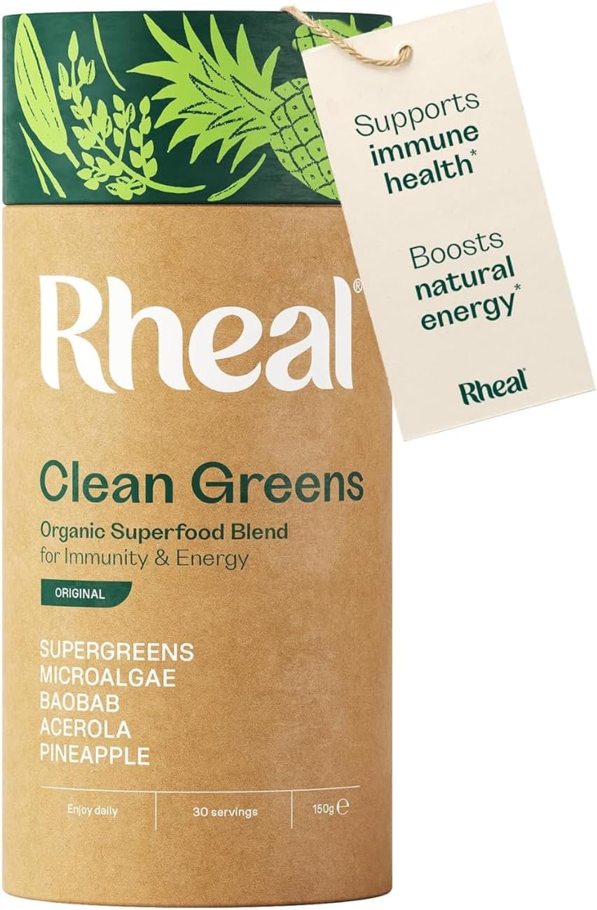 Rheal Clean Greens 150 g, Organic Superfood Greens Powder for Daily Energy & Immunity Support – Certified Organic with Spirulina, Moringa & Wheatgrass – Vegan – 30 Servings, Original