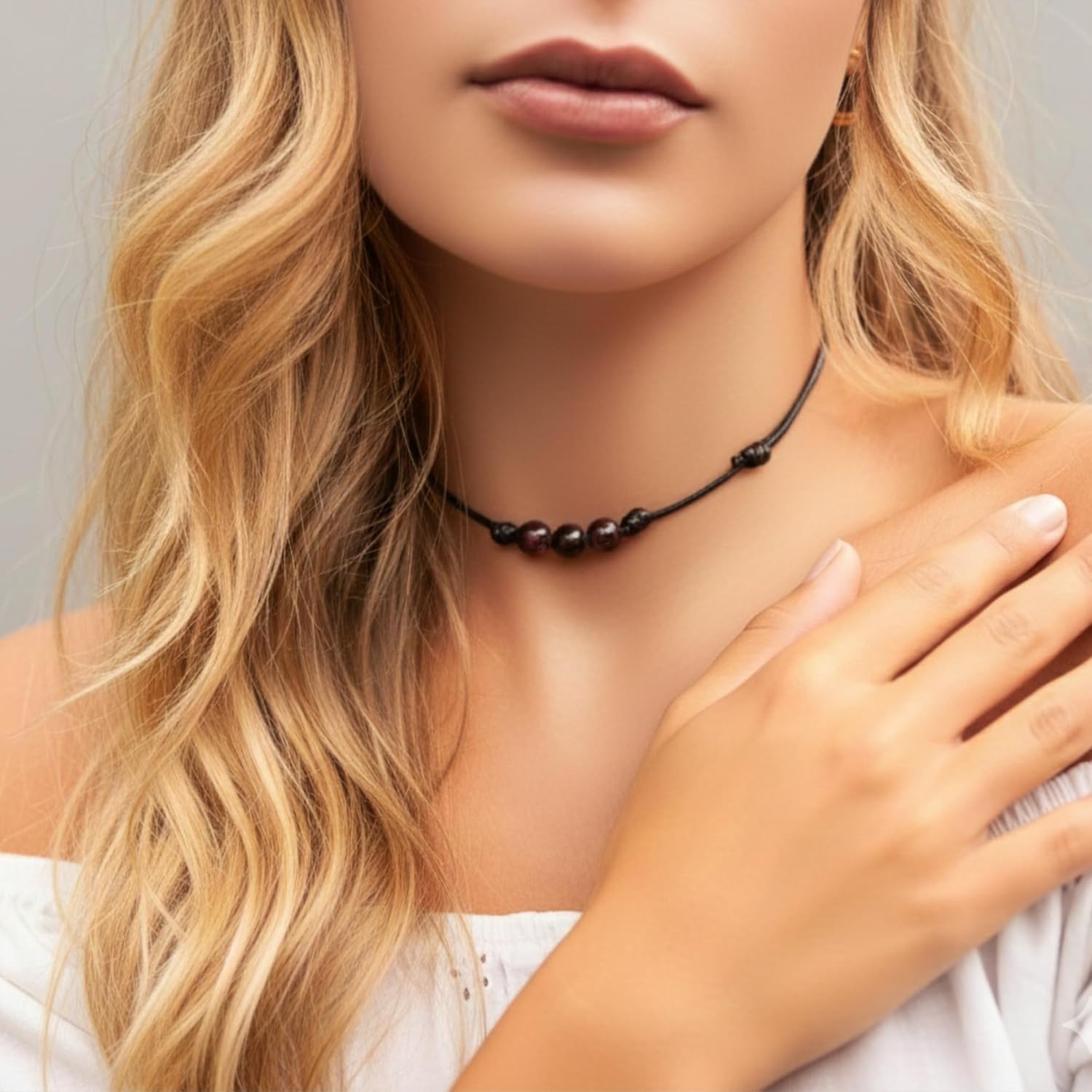 Luck Strings Garnet Gemstone Bead Pendant Necklace with Adjustable Waxed Nylon Cord – Unisex Choker for Men and Women – January Birthstone - Image 2