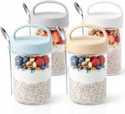 4Pack Overnight Oats Containers with Lids and Spoons,14 oz Airtight Oatmeal Container,Mason Jars with Lid for Cereal,Milk,Fruit,Yogurt,On The Go Container,Salad Jars,Glass Jars (Mixed Color)