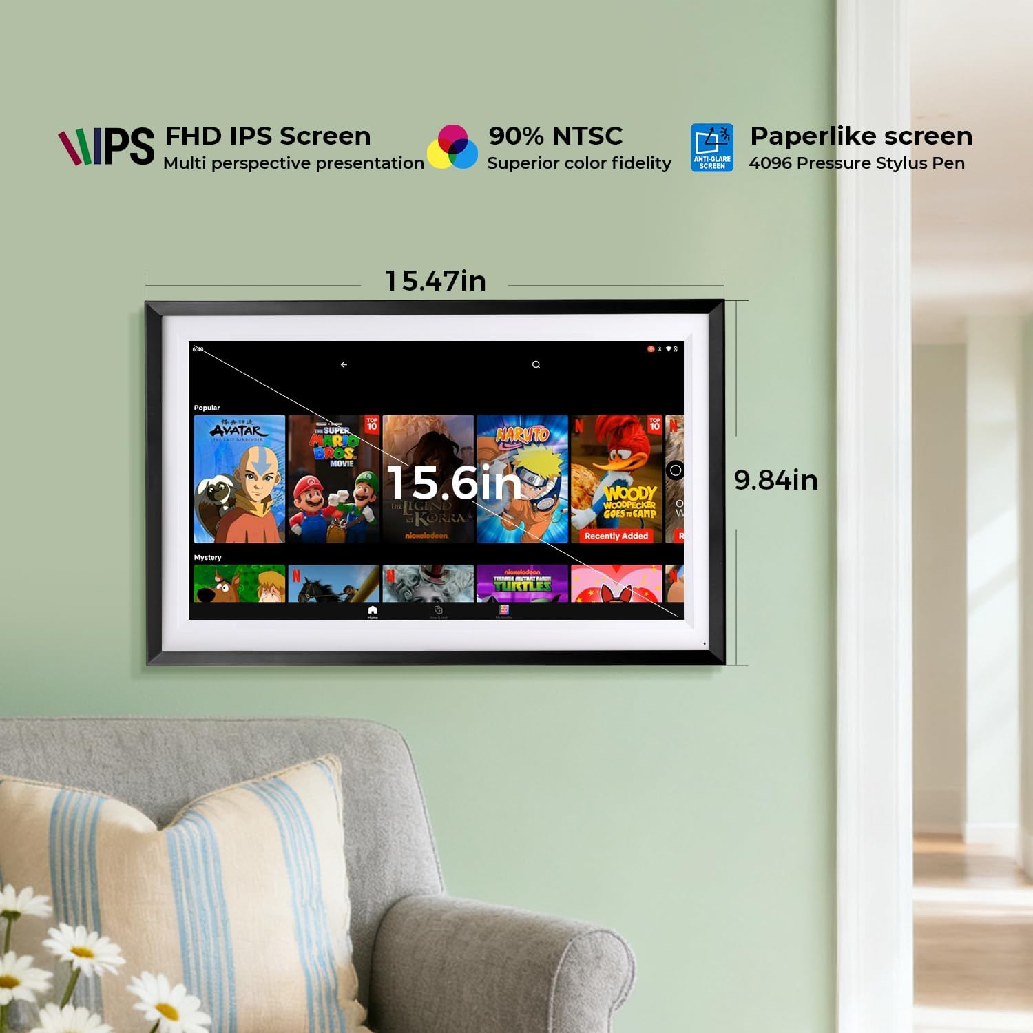 15.6" Digital Google Calendar+Pen,No Subscription|All-in-one Smart Display:Photo Frame,Google Play Apps,Voice Assistant,Home Hub,Streaming|Built-in Battery|Wall&Desk|Anti-Glare Touchscreen|Black