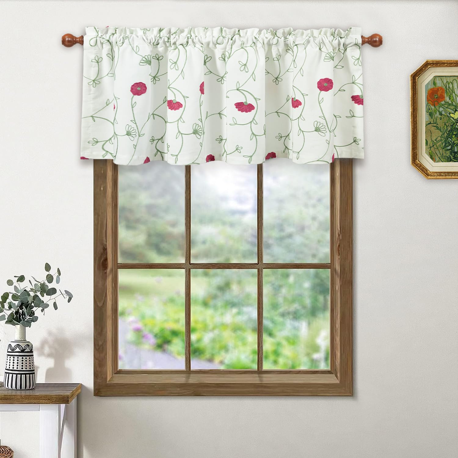 VOGOL Floral Embroidered Kitchen Valance - 52x18 Inch, Rod Pocket, Linen Look, Blue Floral (One Panel)