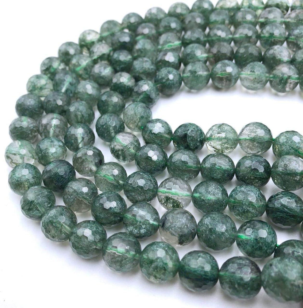 JM Design 12mm Dark Green Rutilated Quartz Faceted Round Shape Loose Gemstone Beads, 15.5" Strand for Jewelry Making, Arts and Craft