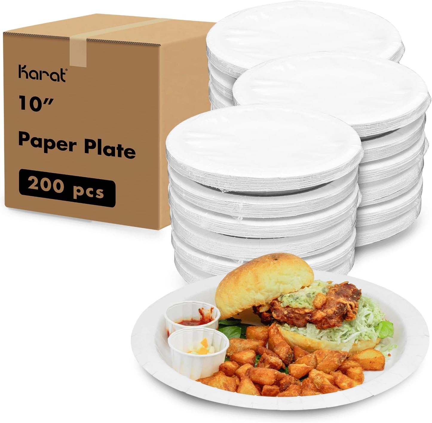 Karat [200 ct 10 Inch Disposable Paper Plates,Heavy-Duty Compostable Bulk Plates for Parties, Events | Grease Resistant, BPA-Free, Recyclable (White)