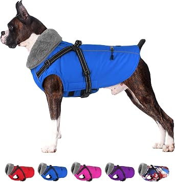 Dogcheer Dog Coat, Waterproof Dog Winter Jacket with Harness, Reflective Adjustable Puppy Cold Weather Coats with Pockets, Christmas Pet Fleece Jacket Snowsuit for Small Medium Large Dogs Blue 3XL