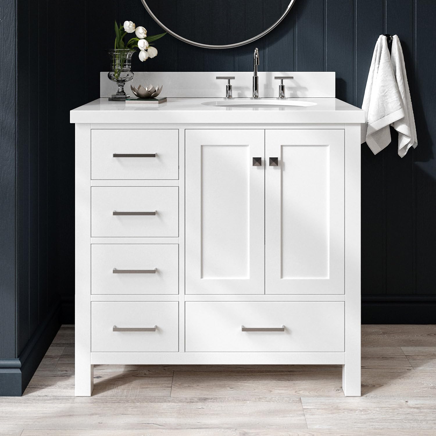 ARIEL Cambridge 37 Inch White Bathroom Vanity with Sink, Solid Wood, White Quartz Countertop, 1.5- Inch Edge, Right Oval Undermount Sink, 2 Soft