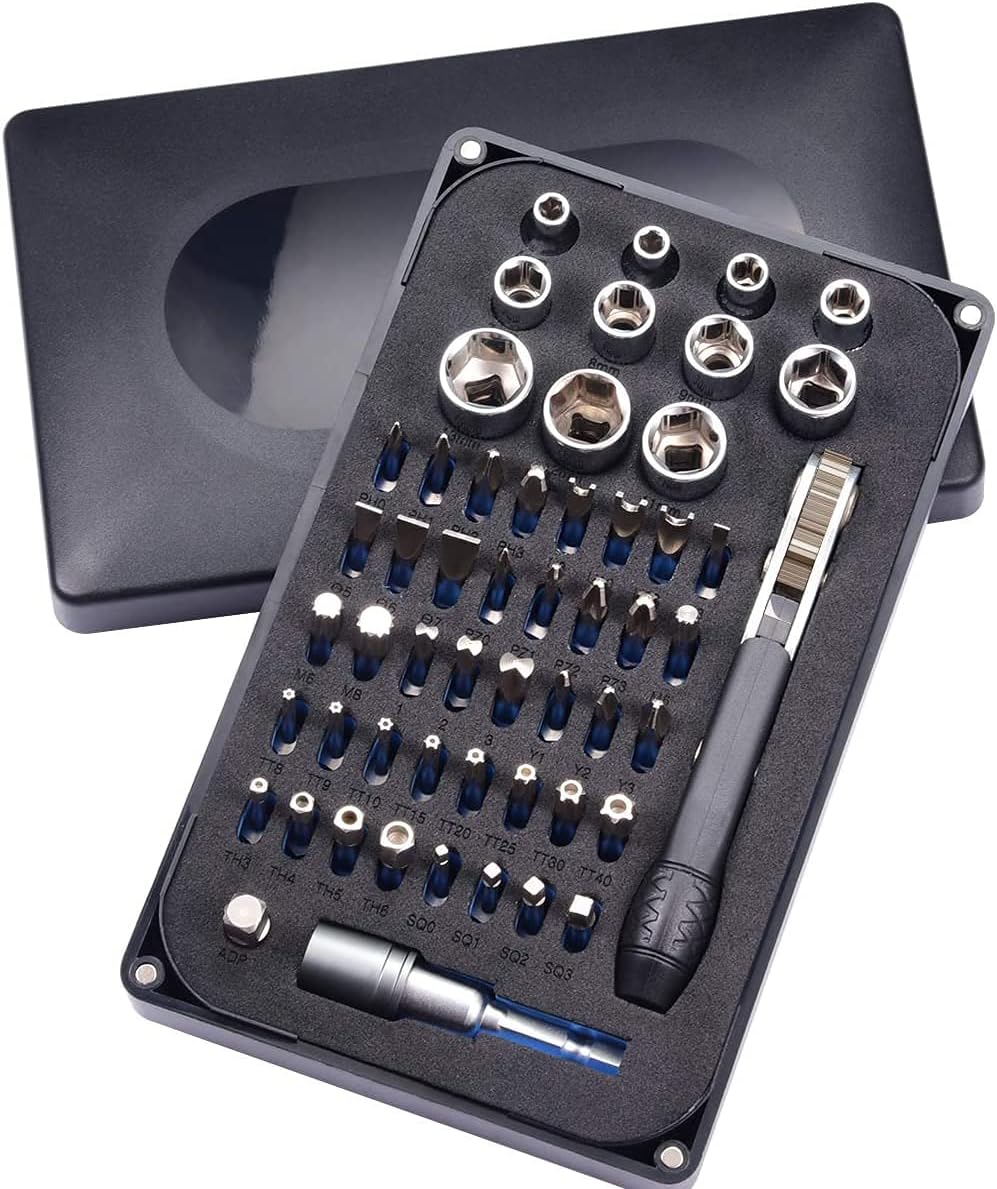 Steinwhale 54pcs Mini Ratchet Screwdriver Set with 1/4" S2 Steel Bits, 90 Degree Right Angle Reversible Wrench 36-Tooth, 1/4" Drive Socket, Socket Adapter, Extension Bit Holder, Magnetic Bit Holder