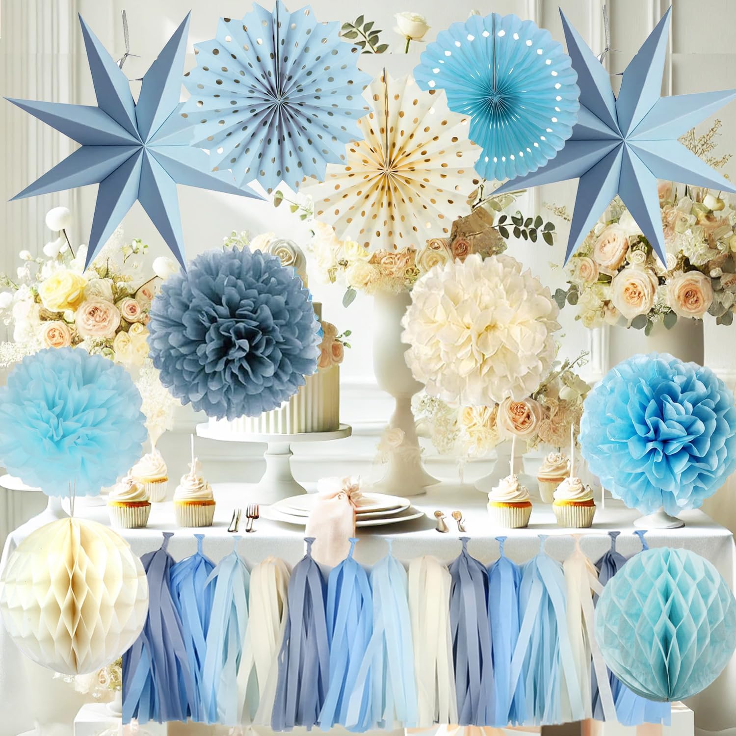 Blue Party Decorations,15PCS Dusty Blue Beige Birthday Decorations for Women Men Girl Boy,Hanging Backdrop Decor for Engagement,Boho Wedding,Baby Shower,Bridal Shower,Garden Party
