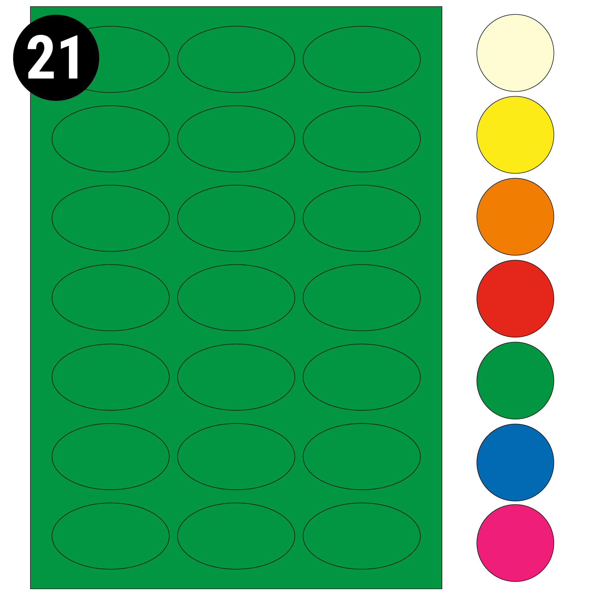 L&B Colour Range - Oval Labels – 3 Sizes & 7 Vibrant Colors – A4 Sheet – Compatible with Laser & Inkjet Printers (Green, 21 Labels Per Sheet - 250 Sheets)