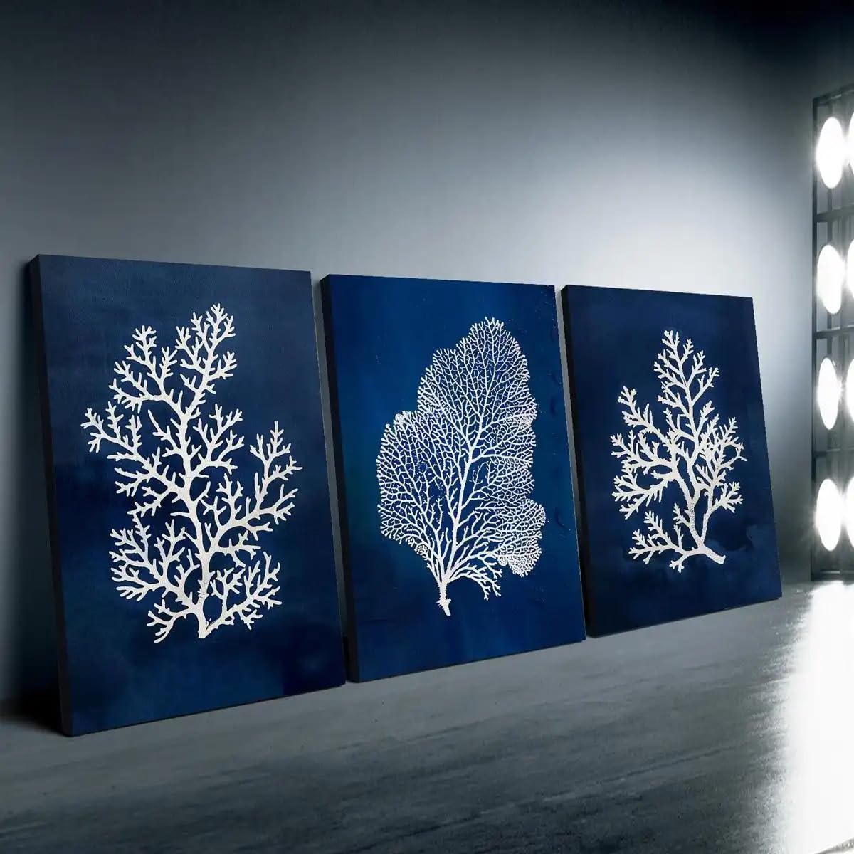 PVPQPR Tableau moderne sur toile bleu marine corail océan,décoration murale de plage en 3 parties pour salon (60 x 90 cm x 3,sans cadre)