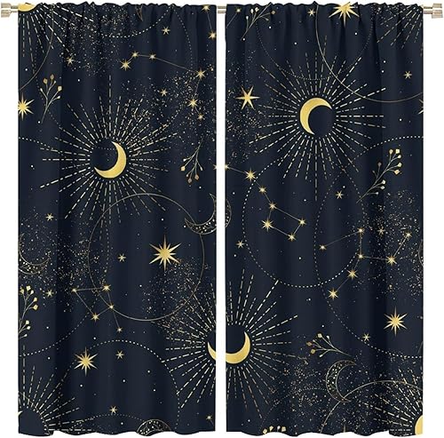 Cortinas opacas con diseño de estrellas y luna, diseño de cielo estrellado de dibujos animados, bohemio, con bolsillo para cortinero, tratamiento de